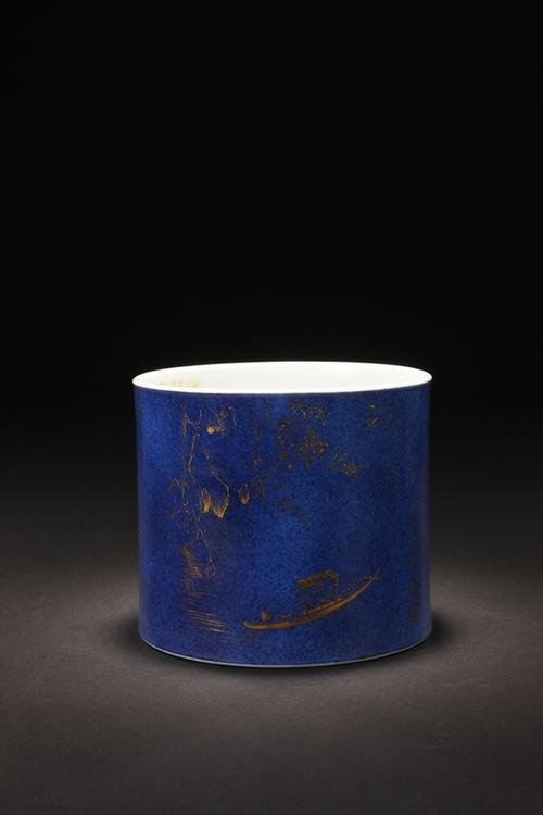 丙申款洒蓝釉描金赤壁图诗文笔筒