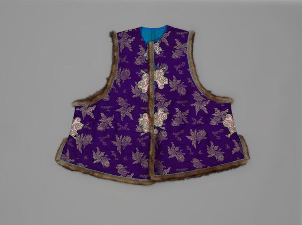 紫色金鱼纹织金绸镶貂皮边对襟夹坎肩