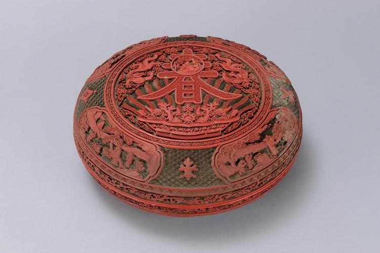 剔红寿春图开光山水人物图圆盒