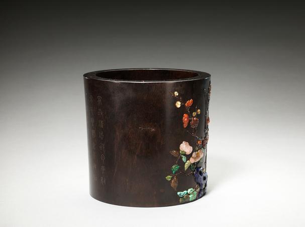 紫檀百宝嵌花鸟图笔筒