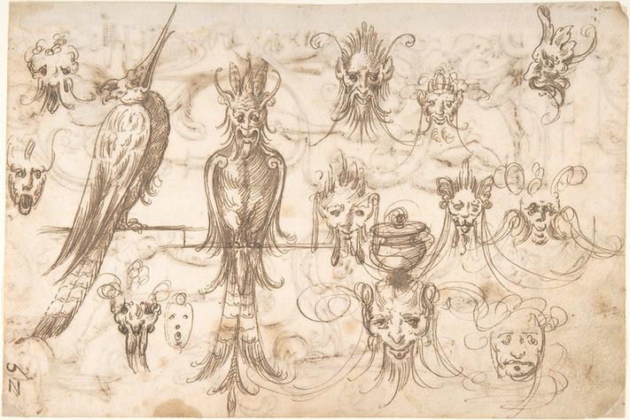 attributed to Andrés de Melgar--Grotesque Masks and Birds (recto); Vertical Grotesques