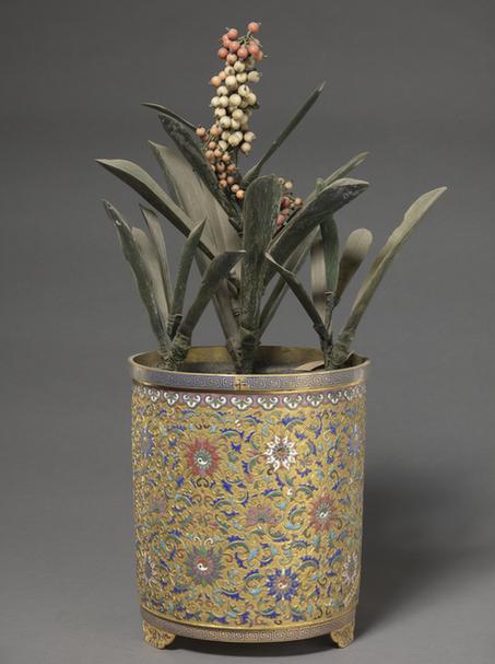 錾胎珐琅筒式盆碧玉万年青盆景