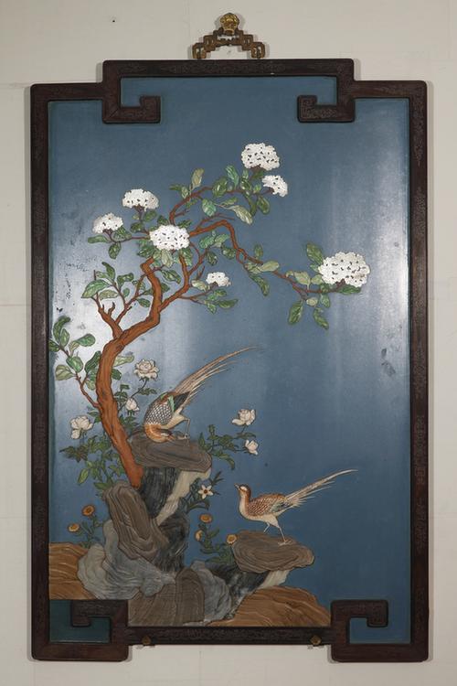 紫檀木边嵌牙山水图挂屏