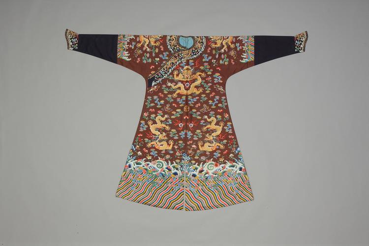 绛色纱绣彩云蝠花卉金龙纹男夹龙袍