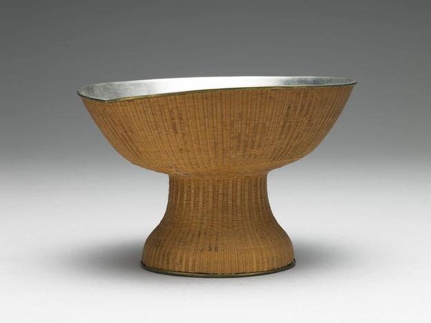 锡胎竹编高足碗