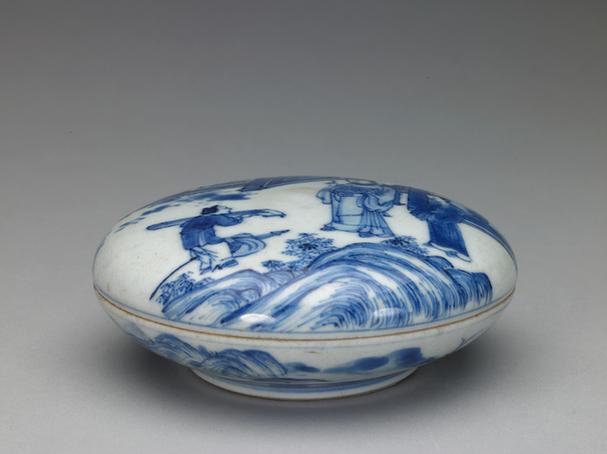 彩云轩款青花人物图印泥盒