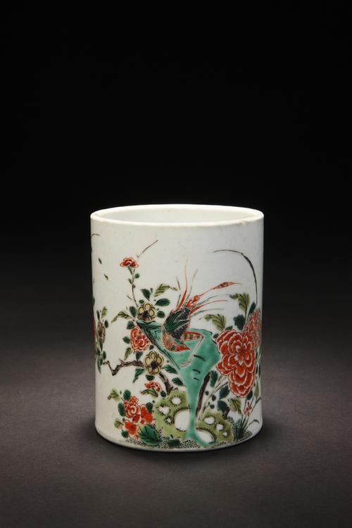 五彩雉鸡牡丹图笔筒