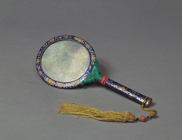 蓝透明珐琅描金喜字把镜