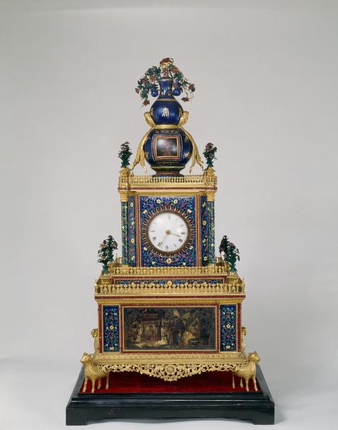 铜镀金嵌珐琅葫芦顶渔樵耕读钟