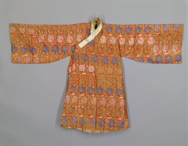 红色缠枝牡丹菊纹锦开氅