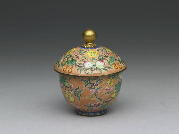 铜胎画珐瑯粉橘地福寿杯