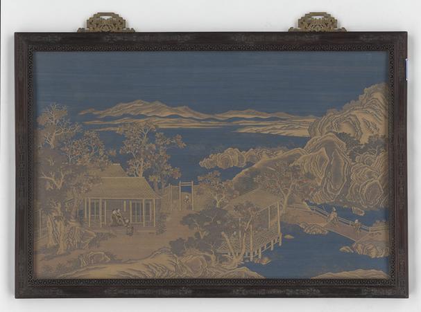 紫檀木缂金线山庄果园图挂屏