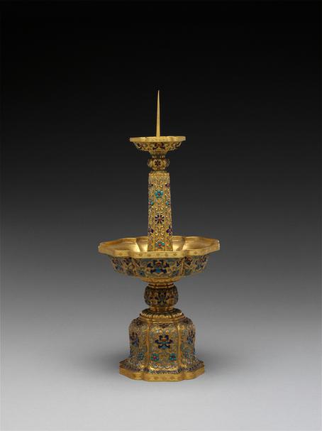 铜鎏金嵌玻璃五供-烛台