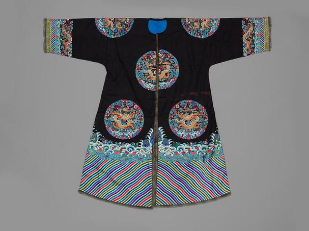 石青色江绸绣八团彩云金龙纹镶皮边龙褂