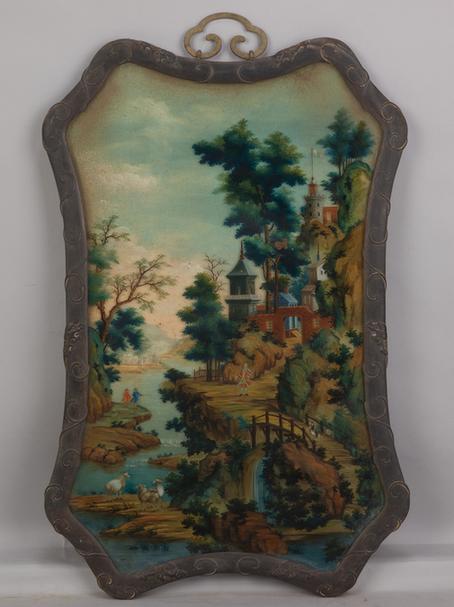 紫檀木边画玻璃山水图挂屏