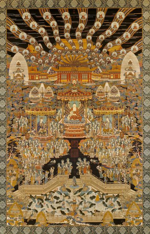 石青地极乐世界织成锦图轴