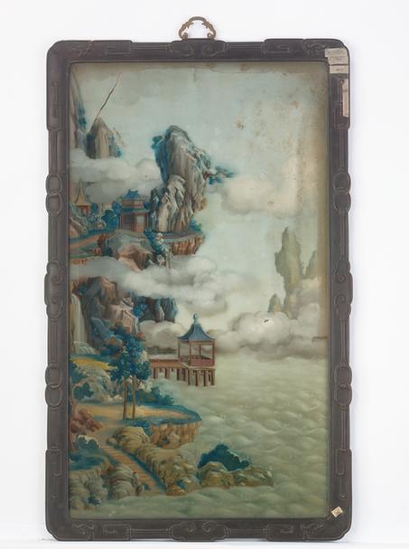 紫檀木边画玻璃山水图挂屏