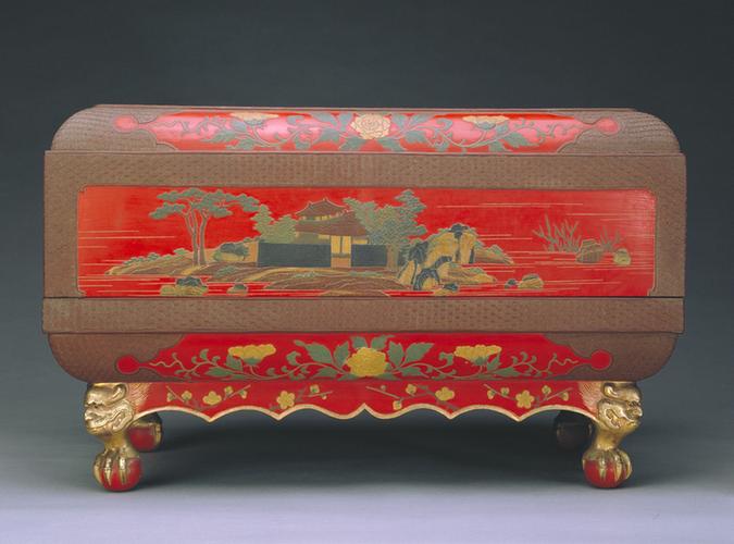 描彩漆山水图长方攒盒