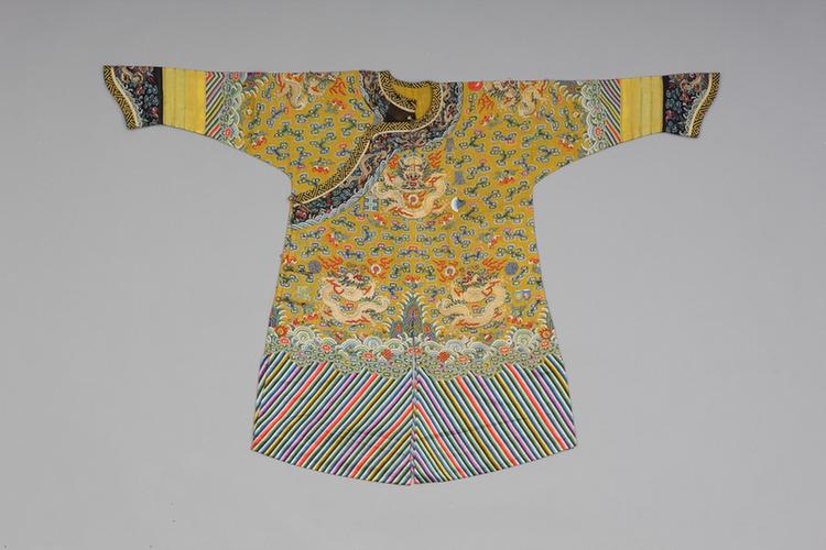 明黄色纳纱彩云蝠寿金龙纹男单龙袍