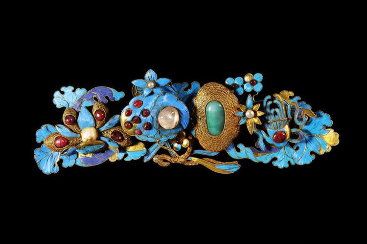 银镀金点翠嵌珠宝花卉纹簪