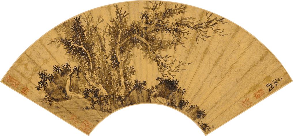 文石乔木图扇面
