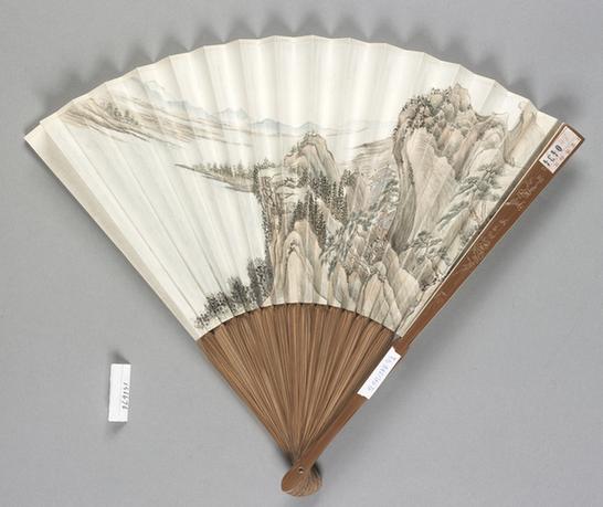 竹股雕花边继贤画山水楼阁图面折扇