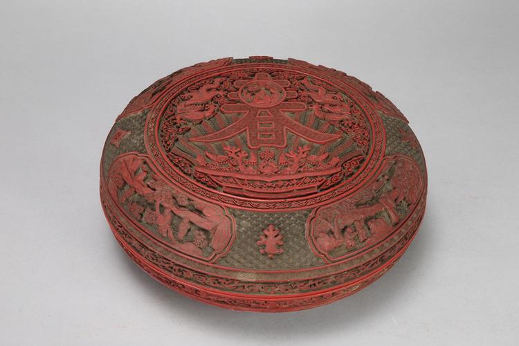 剔红寿春图开光山水人物图圆盒