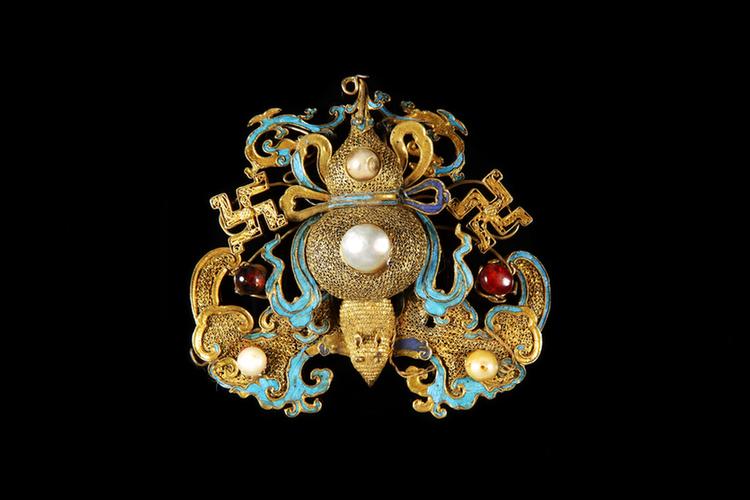 银镀金嵌宝石蝠寿纹簪