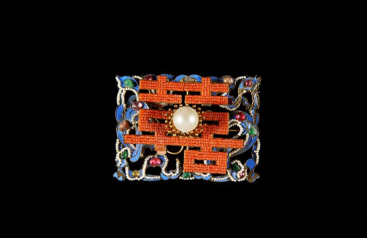 铜镀金点翠嵌珠宝双喜纹钿花