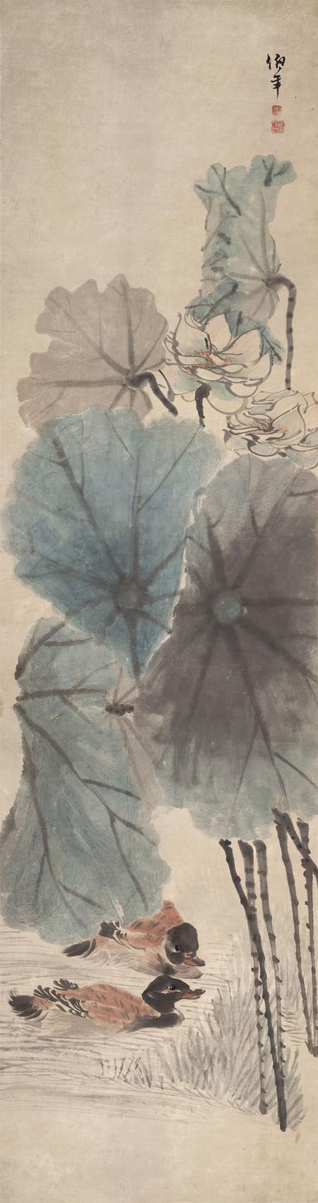 荷花双鸭立轴