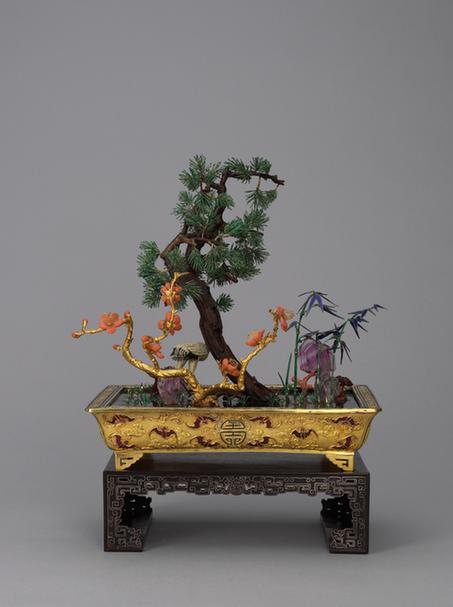 金长方盆木石松鹤盆景