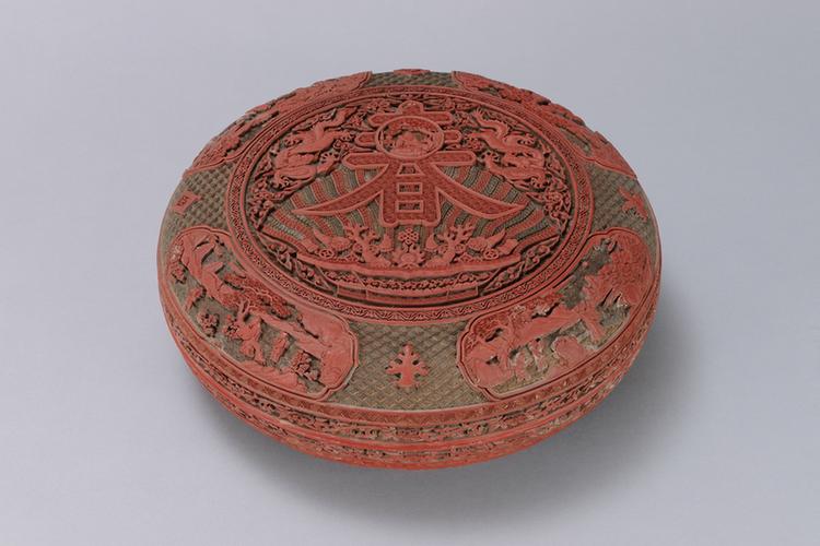 剔红寿春图开光山水人物图圆盒