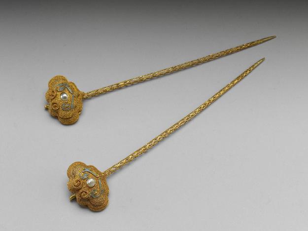 道光 铜镀金累丝嵌珍珠如意簪