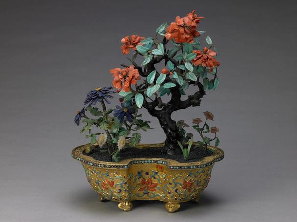 铜镀金嵌松石银锭式盆珊瑚石榴花盆景