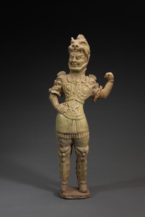 陶黄釉画彩武士俑