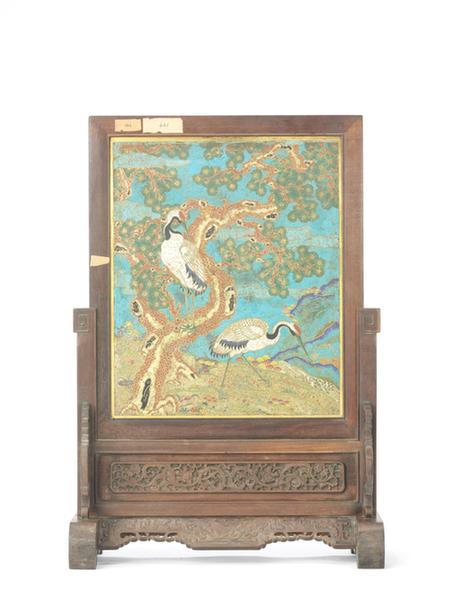 紫檀木边座嵌珐琅鹤鹿图插屏