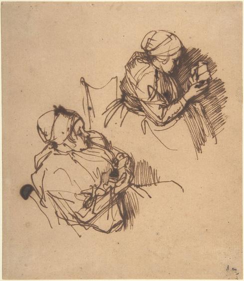 Rembrandt--Two Studies of a Woman Reading