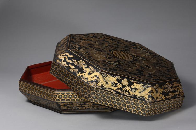 黑漆描金团寿云龙纹八方捧盒