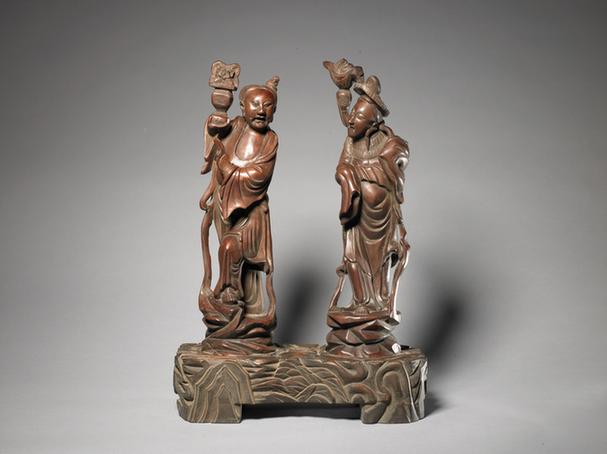 枣木雕蓝采和何仙姑二仙像