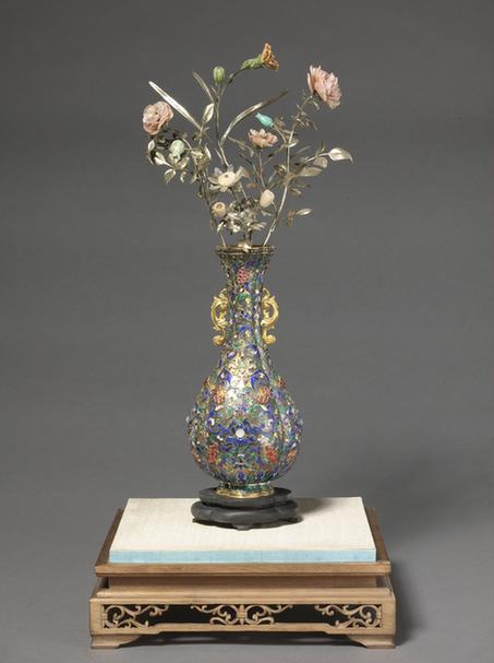 银烧蓝嵌玉石玻璃海棠式瓶粉色玻璃月季瓶景