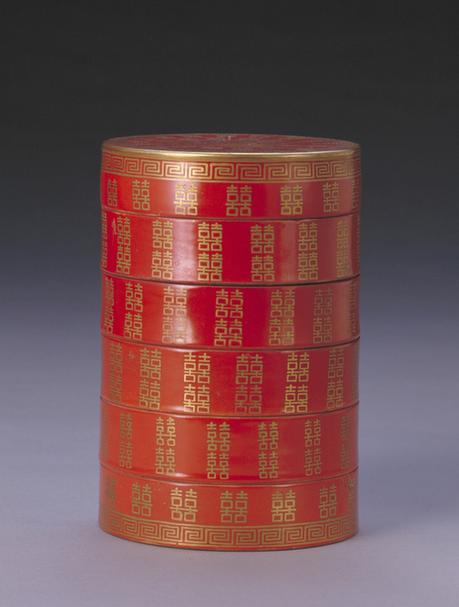 同治款红地金彩双“喜”字六节盒