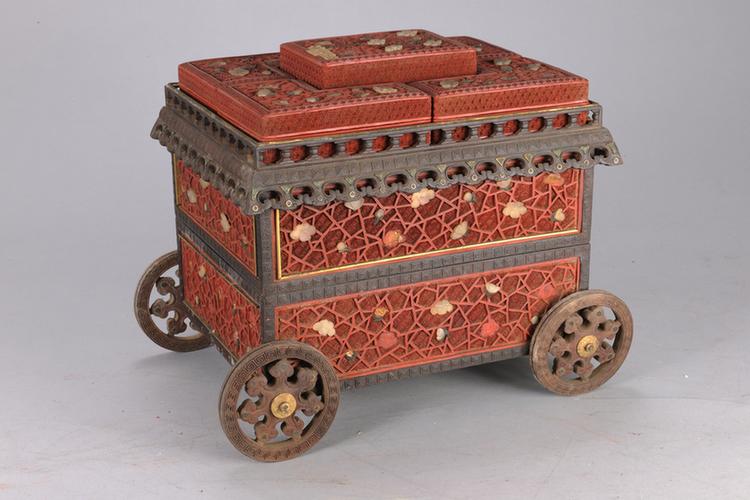 剔红锦纹嵌石车式套盒