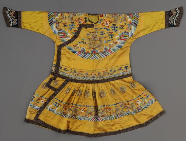 明黄色缎绣彩金龙纹男夹朝袍