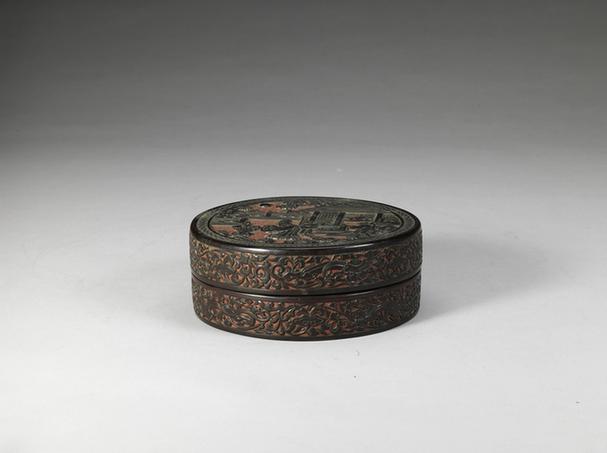 剔黑人物松屋图圆盒