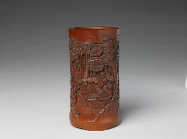 竹雕竹林七贤图笔筒