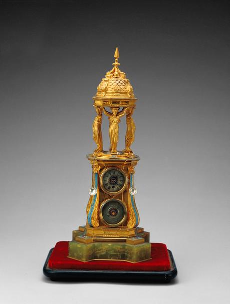 铜镀金石座水法亭式钟