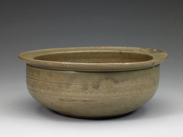 越窑青釉印网格纹洗