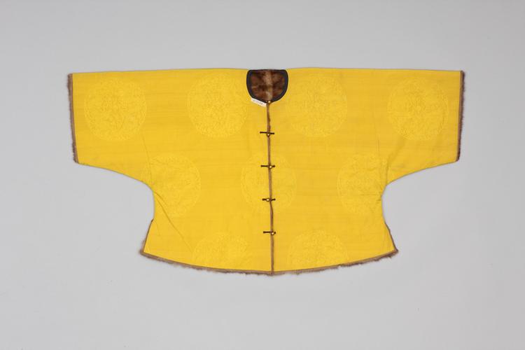 明黄色团龙纹暗花绉绸貂皮马褂