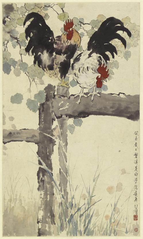 设色雄鸡图轴