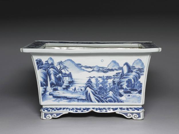 康熙 青花山水长方花盆